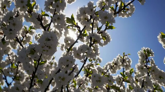 Cherry bloosom, blooming cherry tree closeup. Springtime, sakura flowers in Japan