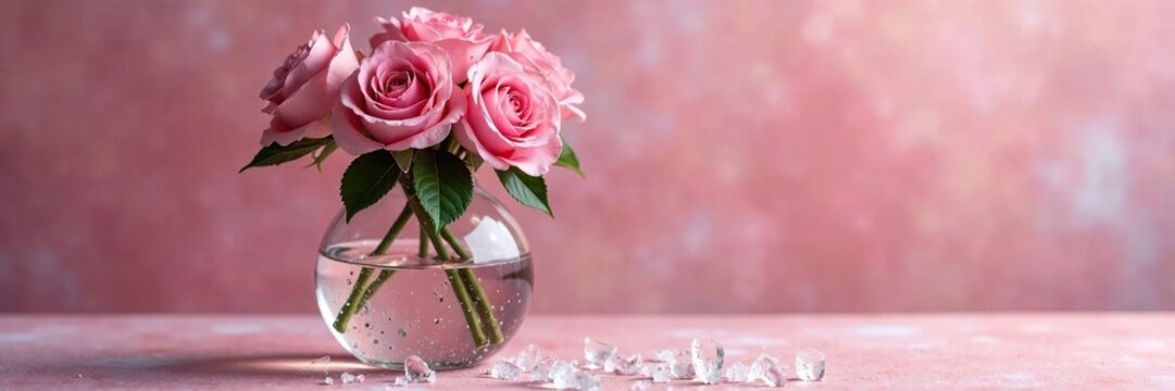 Un vaso lleno de rosas con agua y hielo en un fondo de cer?mica, agua, ceramica