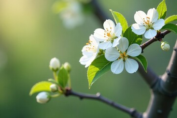 Obraz premium Dainty white flowers nestled among the leaves of a mature tree branch, blossom, spring