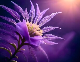 Exquisite Purple Flower in Sunlit Glow with Dewdrops Enhancing its Vibrant Petals, Capturing the Elegance and Serenity of Nature’s Timeless Beauty