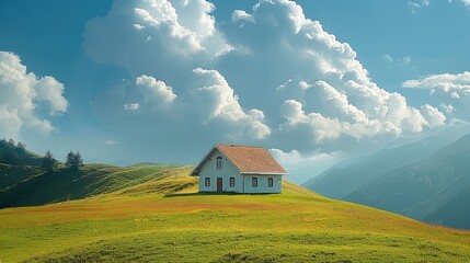 A house on a grassy hill during the middle of the day. Blue sky scattered clouds. Beautiful mountain backdrop.