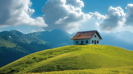 Obraz premium A house on a grassy hill during the middle of the day. Blue sky scattered clouds. Beautiful mountain backdrop.