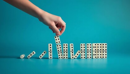 Hand Placing Dominoes: A Minimalist Blue Cascade