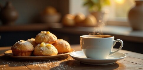 Fototapeta premium Rich aromas from freshly brewed coffee and baked goods, aroma, smell, baked goods