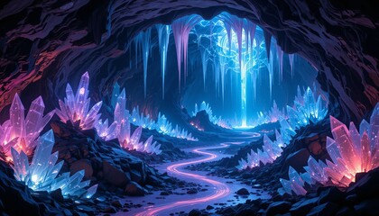Crystalline Cavern: A mesmerizing digital art piece depicting an ethereal cave illuminated by otherworldly blue and pink glowing crystals, creating a captivating and mysterious atmosphere.  