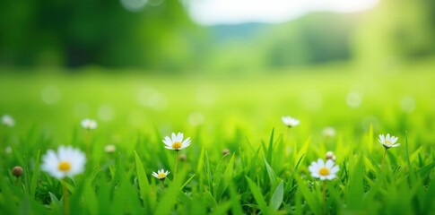 Small white flowers scattered across a lush meadow, field, wildflowers, countryside