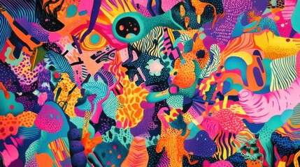 Fototapeta premium A colorful abstract background with a lot of different shapes and colors. Risograph effect, trendy riso style bottom layer