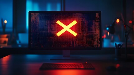 Glowing red X error on computer screen in dark room.