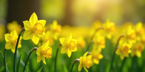 Bright sunny field of small yellow daffodil flowers, daffodils, petals