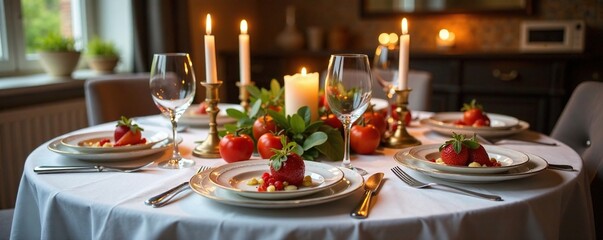 Festlich gedeckter Tisch mit Blumen und Kerzen, tablecloth, dinner, tableware