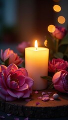 Softly glowing candlelight illuminates the scene, candlelight, gentle glow, flowers