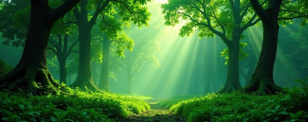 Naklejka premium Lush green forest with tall trees and wildlife, lush, wild, nature