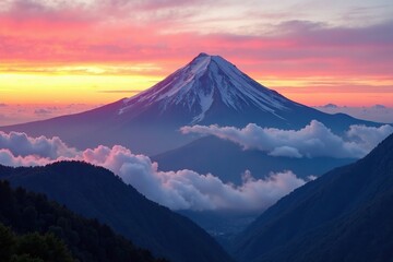 Fototapeta premium Majestic peak of Mount Othrys shrouded in clouds and mist at sunset, sunset, landscape, natural
