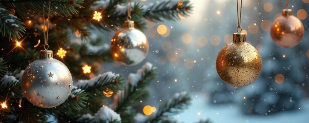 Fototapeta premium Sparkling silver and gold balls hanging on strings, festive, holiday, silver