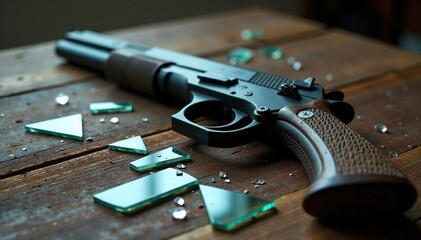 Obraz premium Broken glass scattered around a firearm on a table, shard, wood