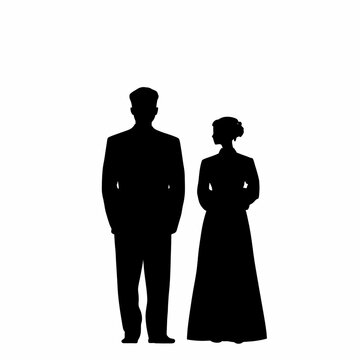 recommend clip art: silhouette of an Asian bride and groom in wedding attire, both facing forward, the bride in a wedding dress and the groom in a suit,