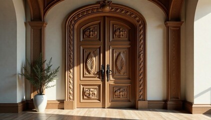 Fototapeta premium Large wooden door with intricate carvings leads to a hallway, parkett boden, holzdekor, traditionell