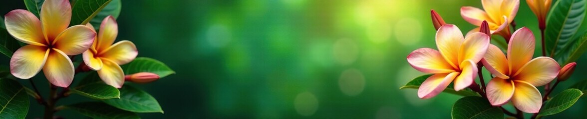 Fototapeta premium Colorful frangipani flowers in full bloom on a lush green background, blooming, colorful