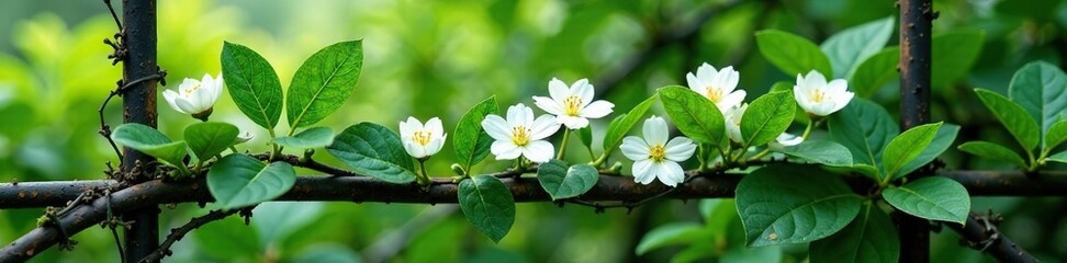 A profusion of small white jade flowers blooming on a trellis, greenery, jade, vine