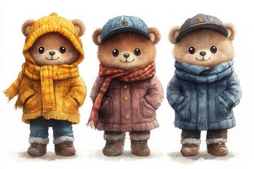 Three cute bear characters dressed in colorful winter clothing.