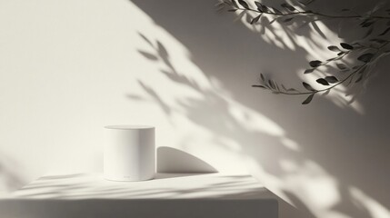 White cylinder on white platform with olive branch shadows.