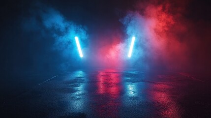 Dark empty space, blue and red neon spotlight, wet asphalt, smoke, night view industrial, rays. Abstract dark texture of an empty background with copy space mock up design