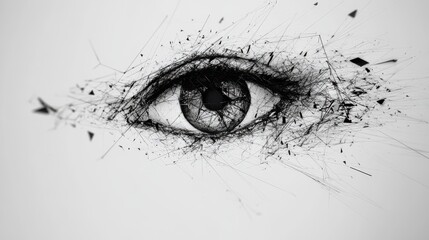 Vector illustration of a low poly wireframe eye, showcasing a futuristic concept. The design features a digital eye created from mesh spheres and flying debris, rendered in a thin line style.