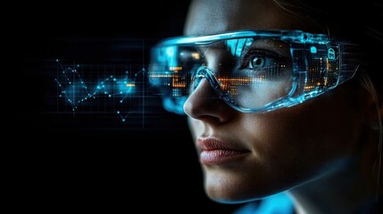 Close-up of a woman wearing advanced augmented reality glasses with holographic interface reflecting data and charts, symbolizing innovation, technology, and futuristic vision.