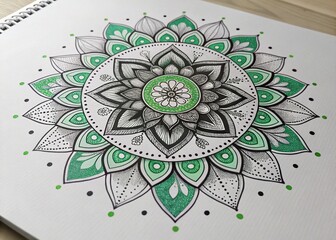 A modern crafted mandala illustration beautifully designed with symmetrical green and black patterns