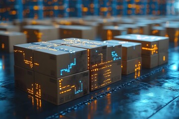 Futuristic Smart Warehouse with Illuminated Boxes and Advanced Technology