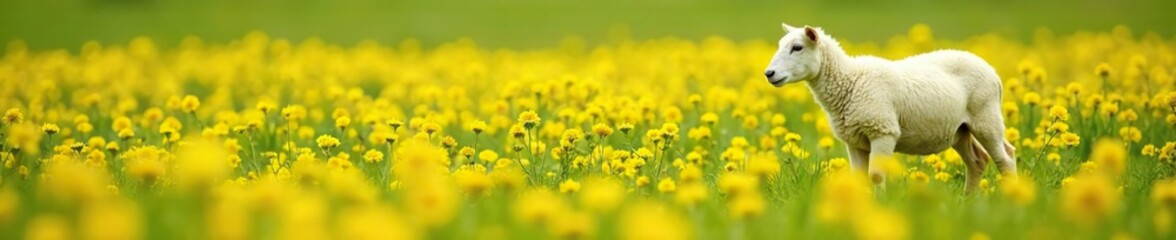 Obraz premium Single white sheep grazing in a sea of yellow wildflowers, nature photography, single sheep, wildflower field