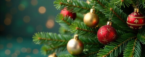 Sparkling gold glitter evergreen branch with intricately designed Christmas tree ornaments, holiday decor, garland, evergreen