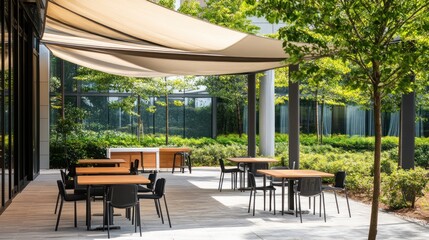 Outdoor patio with tables, chairs, and shade.