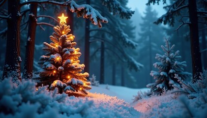 Frosty forest background with glowing Christmas tree, warm, evergreen, lights