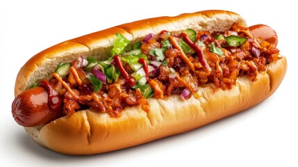 A classic hot dog with a bun and condiments, isolated on a white background