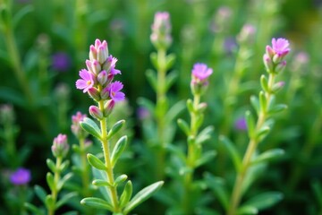 Obraz premium Thyme is a small evergreen shrub with needle-like leaves and tiny purple flowers , garden, foliage, cooking