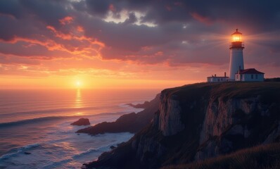 Lighthouse at sunset by the ocean