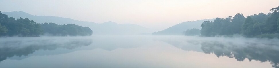 Obraz premium Misty morning fog rolling in over a serene lake landscape with soft grey gradient background, early morning, fog