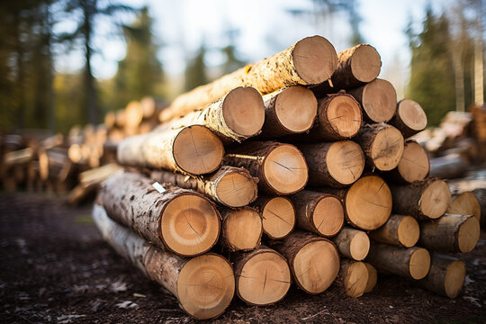 Cut wooden logs in the stack. Lumber in the forest