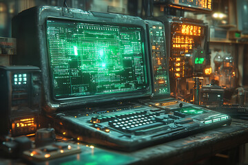 Fototapeta premium Vintage Computer Terminal with Futuristic Holograms