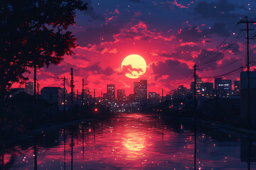 Anime City Night View with Beautiful Sky