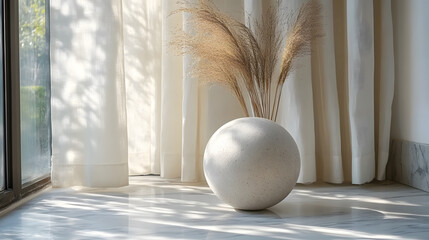 A white and bright room with a white wooden background and white vases