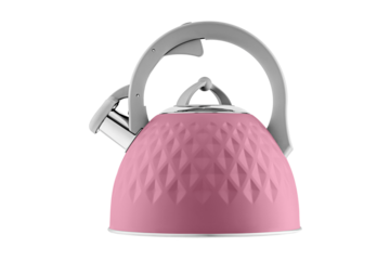kettle with whistle, matte Red color, with rhombus texture on isolated and white background close-up