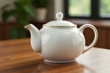 Elegant white ceramic teapot with gold trim on a wooden table, wood, modern, upscale