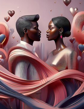 Romantic Valentine&rsquo;s Day Portrait of a Couple in Love Surrounded by Artistic Heart Balloons and Elegant Flowing Ribbons