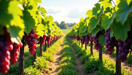rows of grapevines with grapes ripening in the sun, vines, sunlight