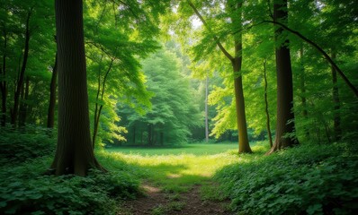 Lush green forest with sunlight filtering through.