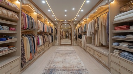 Luxurious walk-in closet featuring organized clothing and elegant decor.