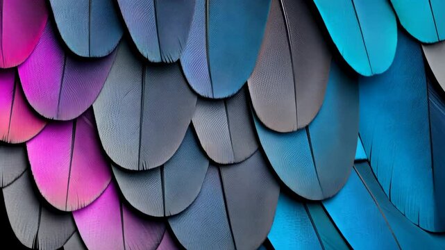 Colorful feather pattern with blue, pink, and purple feathers. The feathers are arranged in a way that creates a sense of movement and flow. The image conveys a feeling of freedom and natural beauty