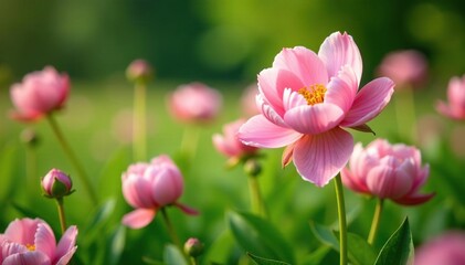 Obraz premium Soft pink peonies blooming in a lush green meadow, pink, blossom